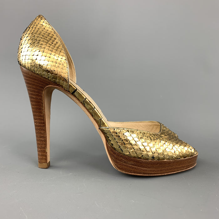 OSCAR DE LA RENTA Size 7 Gold Metallic Snake Skin Peep Toe Pumps