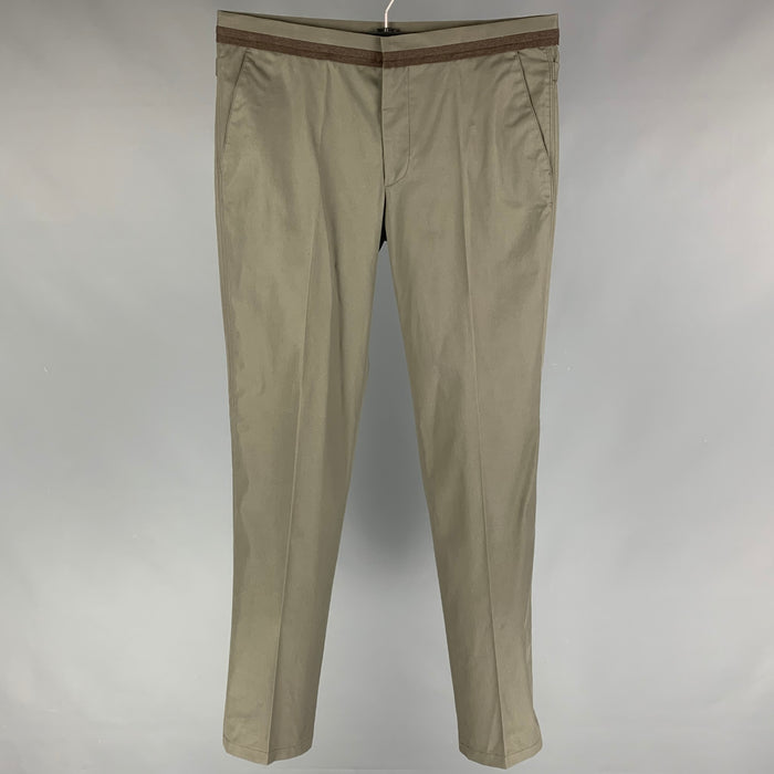 LANVIN Size 34 Olive Grey Stripe Cotton Flat Front Dress Pants