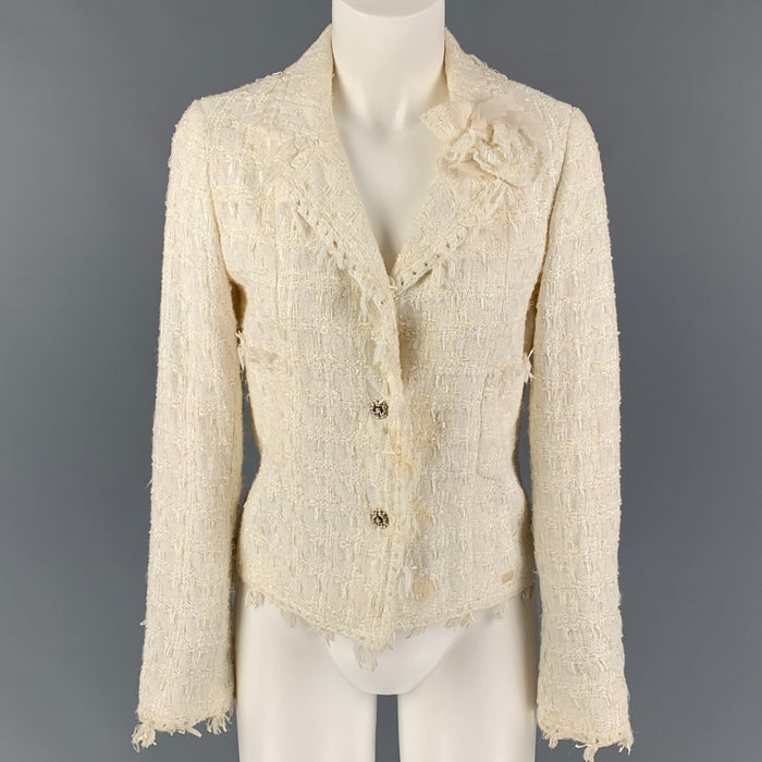 CHANEL AL639 05C Talla 4 Chaqueta de mezcla de algodón bouclé color crema