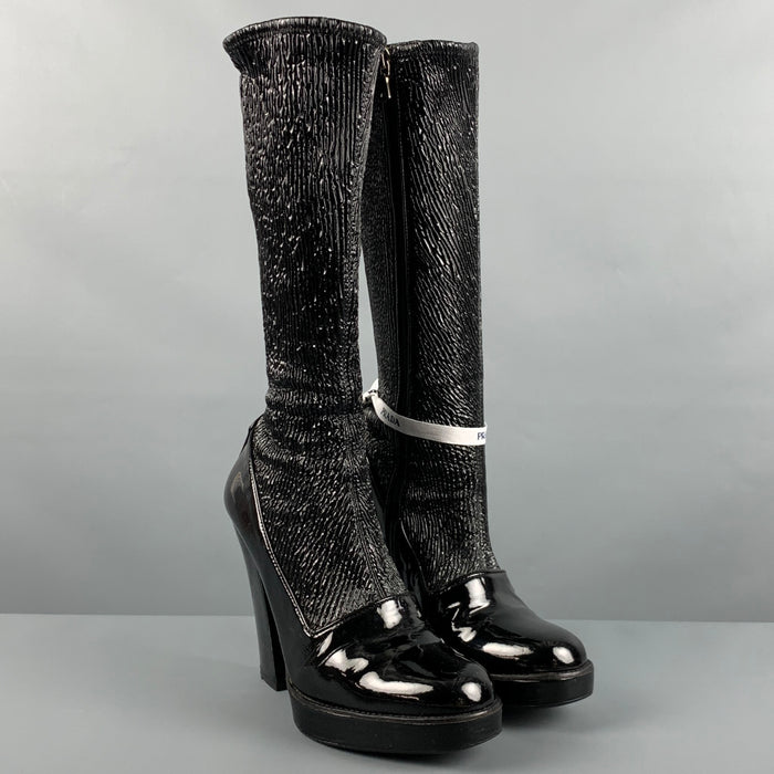 PRADA Size 7.5 Black Solid Patent Leather Side Zipper Boots