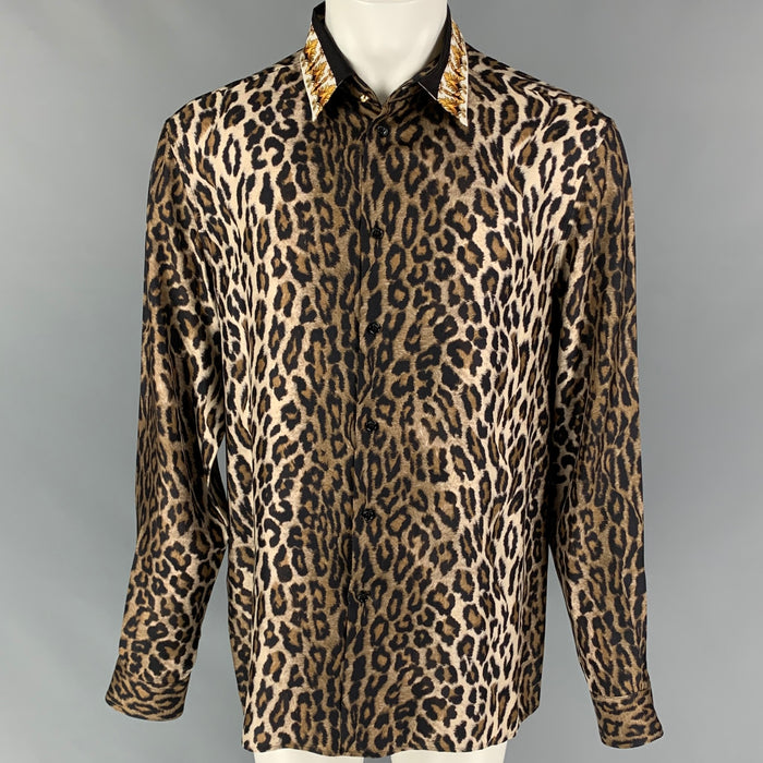 VERSACE Size M Black Brown Animal Print Silk Button Up Long Sleeve Shirt