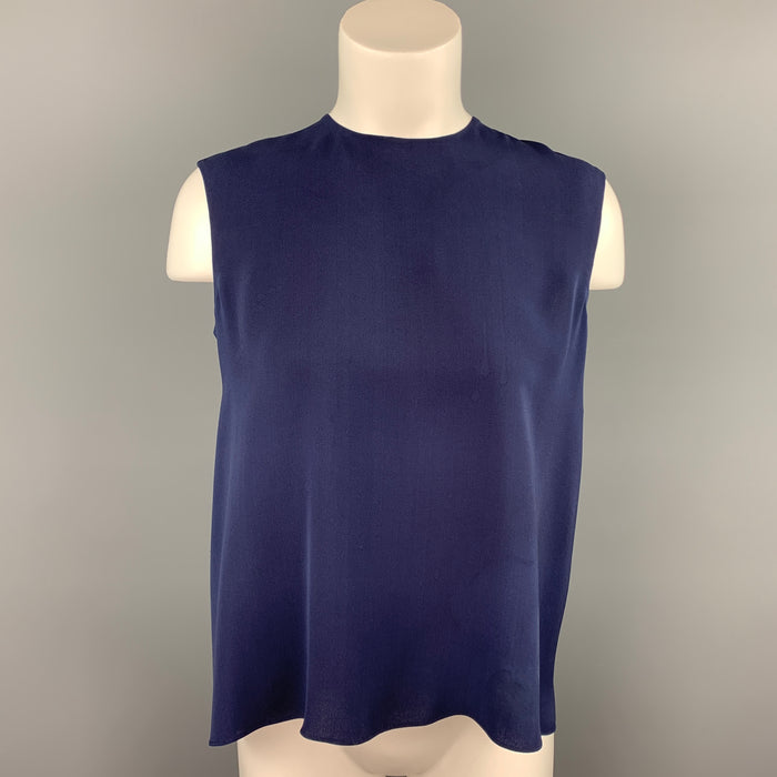 CAROLINA HERRERA Size 4 Navy Silk Asymmetrical Sleeveless Blouse