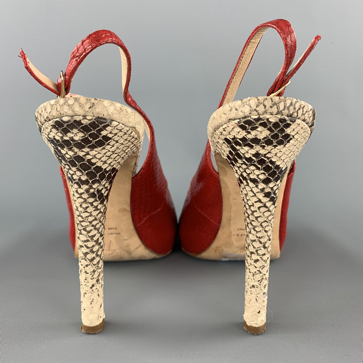 GIUSEPPE ZANOTTI Size 8 Red & Beige Snake Skin Slingback Peep Toe Pumps