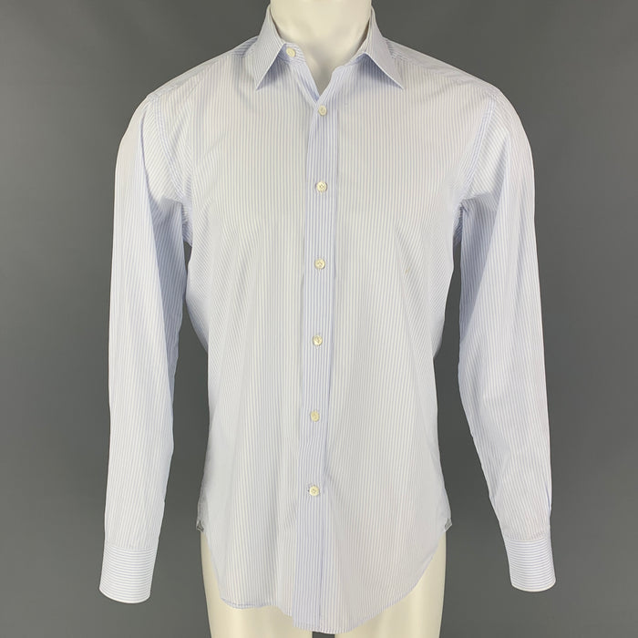 LANVIN Size M Light Blue & White Stripe Cotton Button Down Long Sleeve Shirt