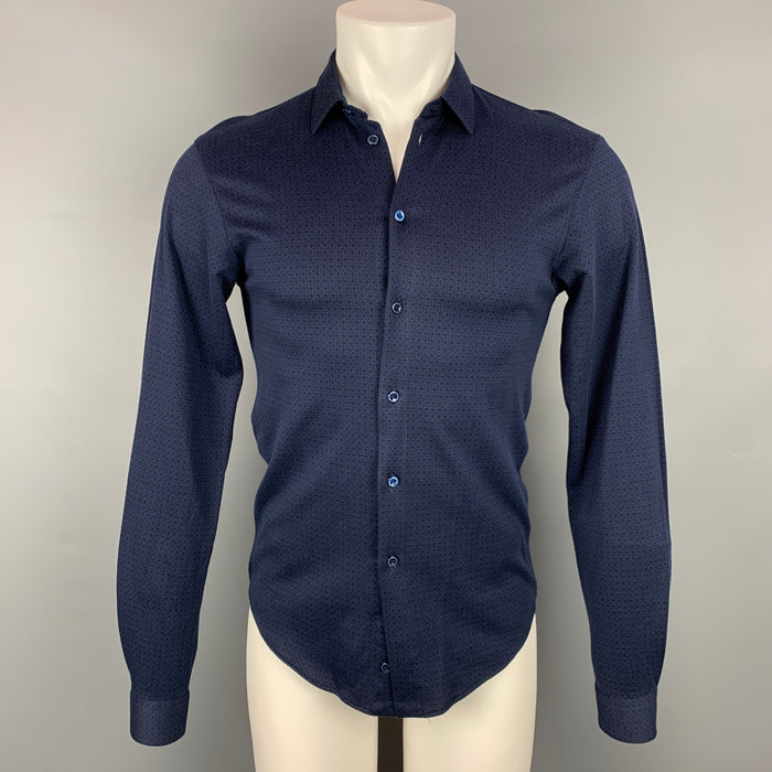 ETRO Size S Navy & Black Square Print Cotton Button Up Long Sleeve Shirt