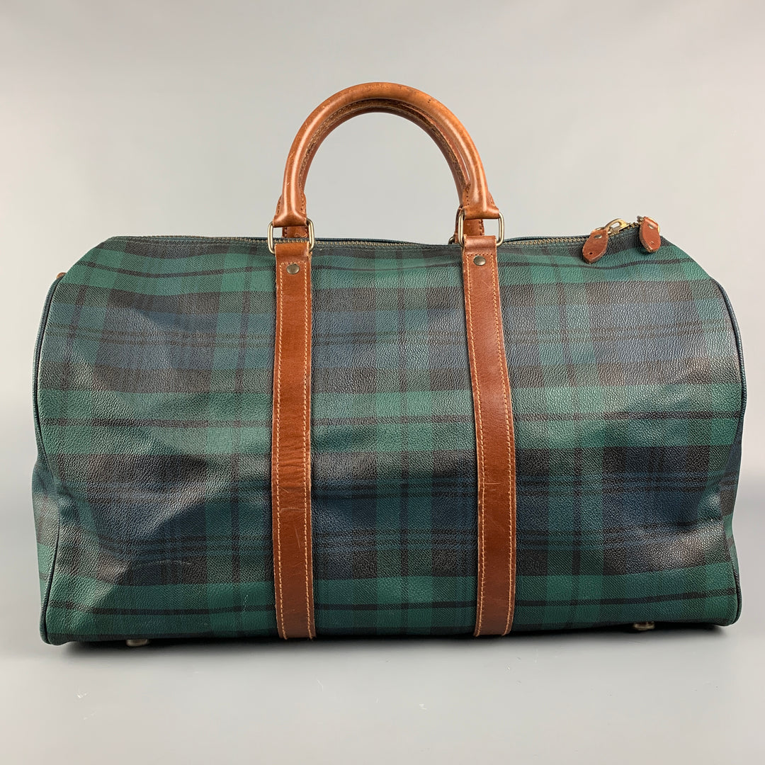 Vintage RALPH LAUREN Green & Black Tan Blackwatch Coated Canvas Weekender Bag