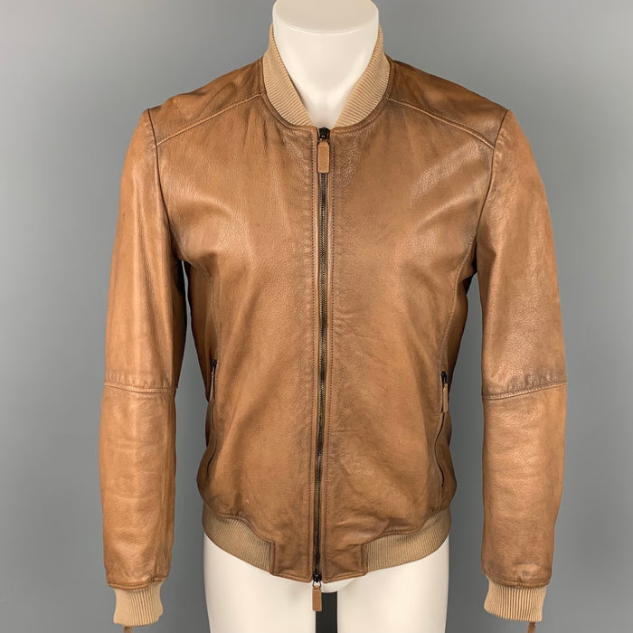 EMPORIO ARMANI Size 40 Tan Leather Zip Up Bomber Jacket