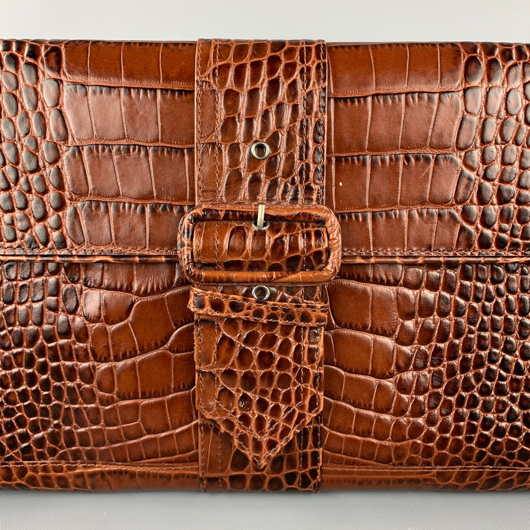 DRIES VAN NOTEN Brown Alligator Embossed Leather Clutch