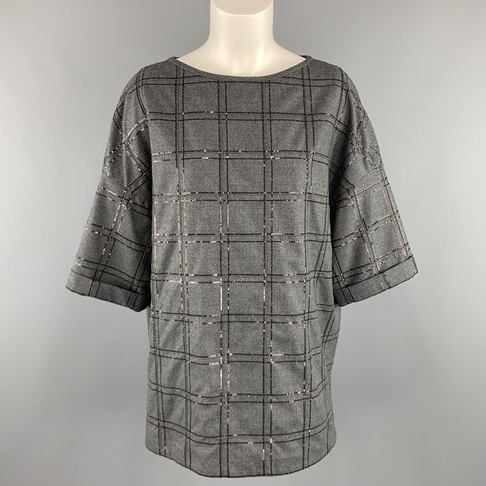 BRUNELLO CUCINELLI Size S Grey Sequin Monili Plaid Short Sleeve Top