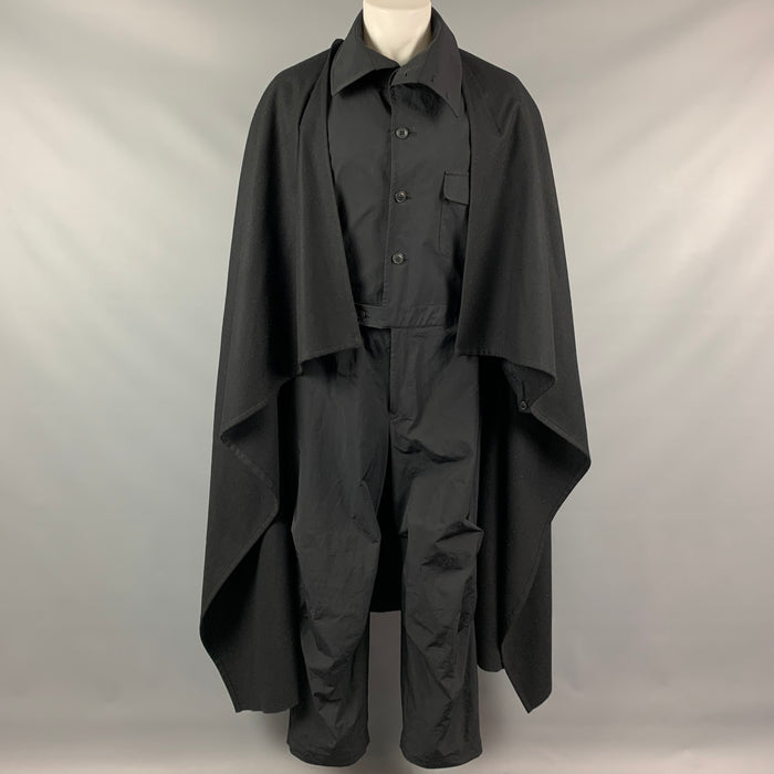 YOHJI YAMAMOTO POUR HOMME FW 17 Size S Black Polyester / Wool Flight Cape Jumpsuit Overalls