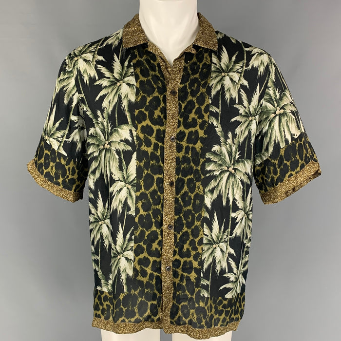 DRIES VAN NOTEN Size 40 Black Olive Print Viscose Short Sleeve Shirt