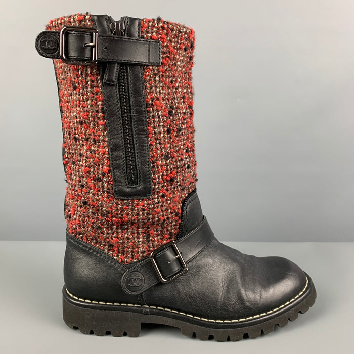 CHANEL Size 8 Black Burgundy Tweed Mixed Materials Pull On Boots