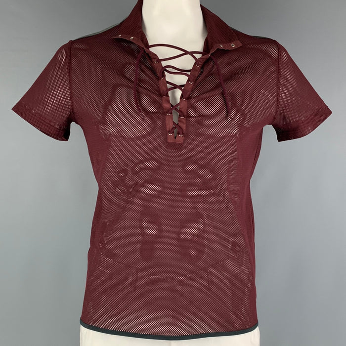 PRADA Size L Burgundy See-Through Polyester Lace Up Short Sleeve Shirt