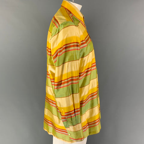 ETRO Size 50 Yellow Green Stripe Silk Tunic Long Sleeve Shirt