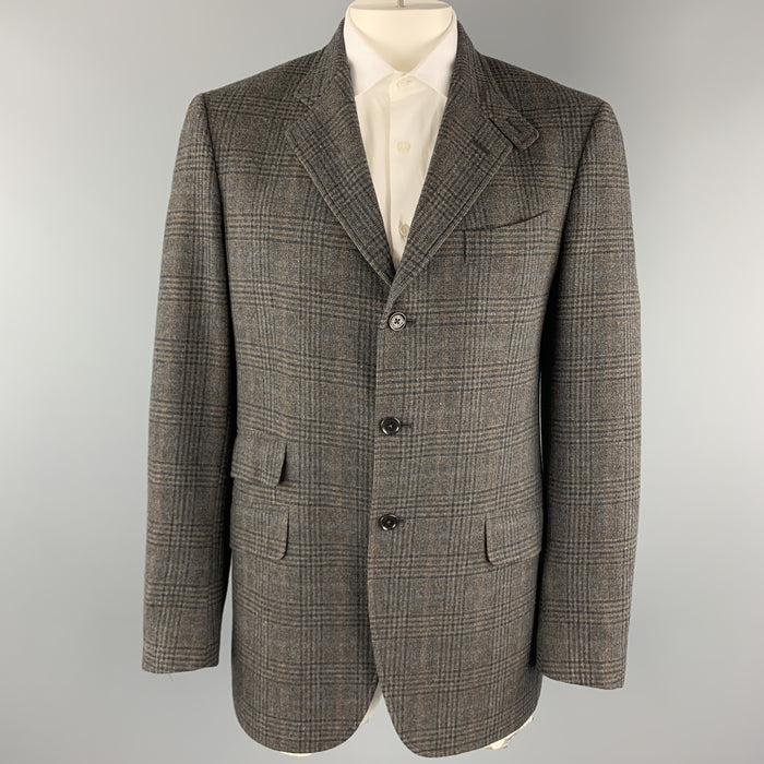 ETRO Size 42 Long Taupe Plaid Wool / Cashmere Tab Collar Sport Coat