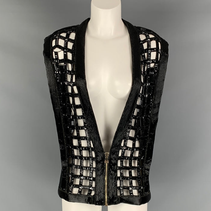 BALMAIN Size S Black Silk Beaded Zip Up Vest