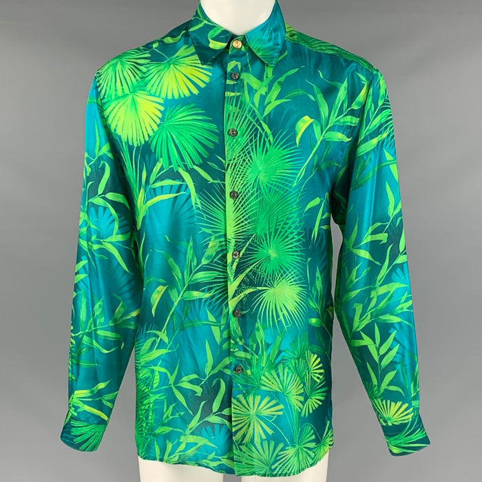 VERSUS by GIANNI VERSACE Size 36 Blue Green Leaves Silk Long Sleeve Shirt