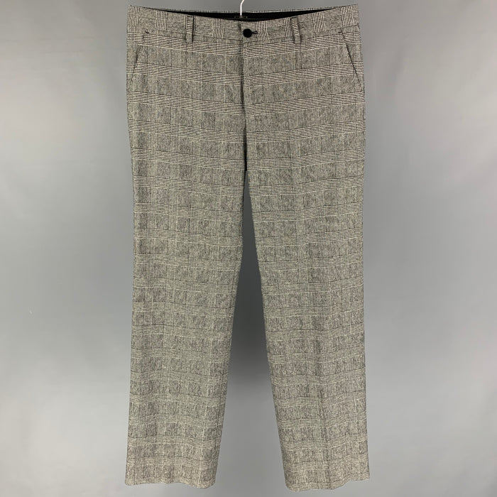 DOLCE & GABBANA Talla 30 Pantalón de vestir plisado de poliéster de lana a cuadros gris