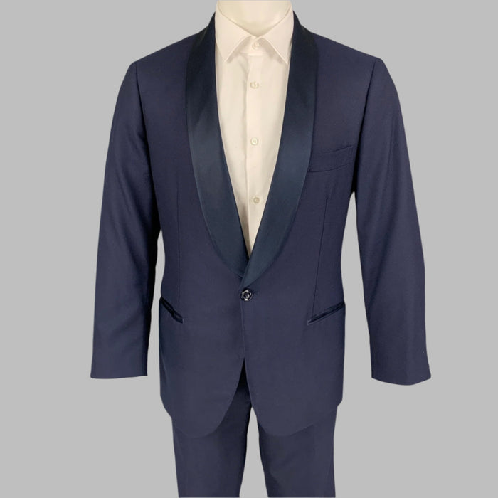 BRUNELLO CUCINELLI Talla 40 Traje azul marino con cuello chal de seda y algodón