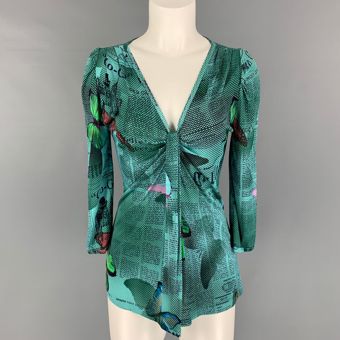 Vintage JOHN GALLIANO Size XS Multi-Color Viscose Gazette Newsprint Blouse