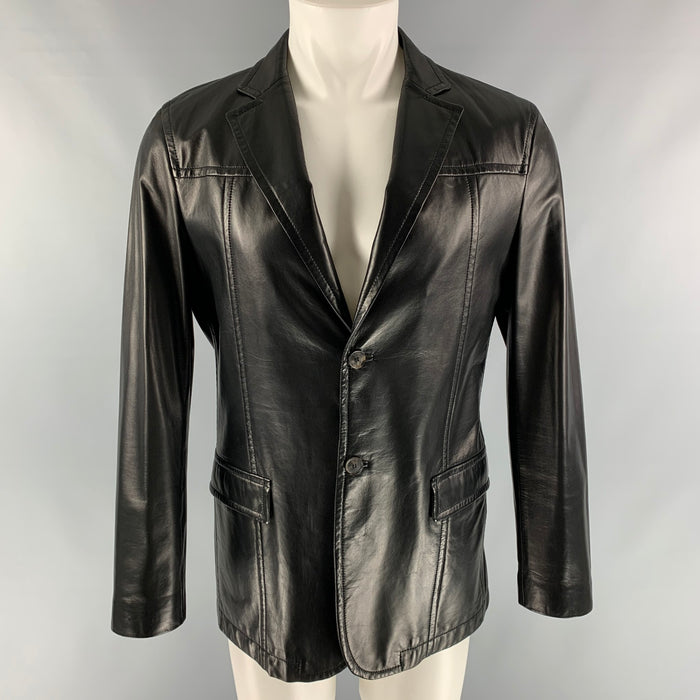 SALVATORE FERRAGAMO Size 40 Solid Notch Lapel Black Leather Jacket