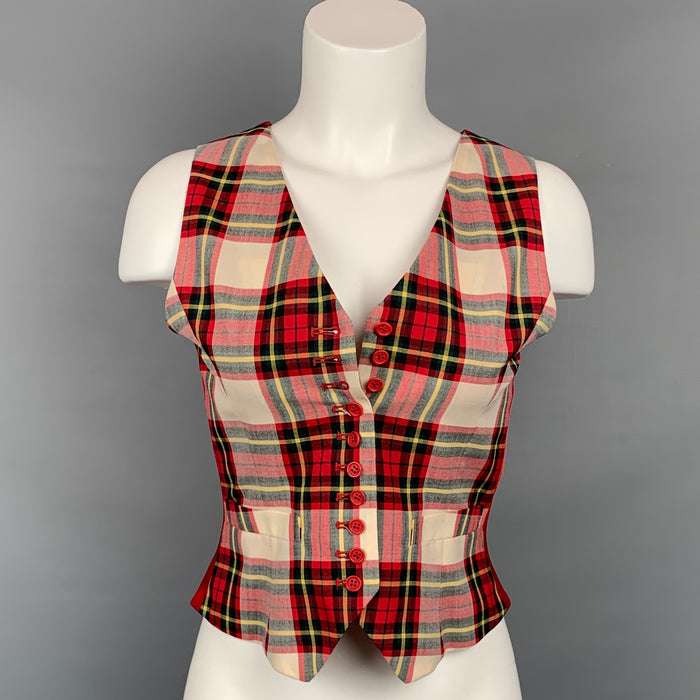 MOSCHINO Cheap & Chic Size 6 Red & Cream Plaid Acetate Blend Vest