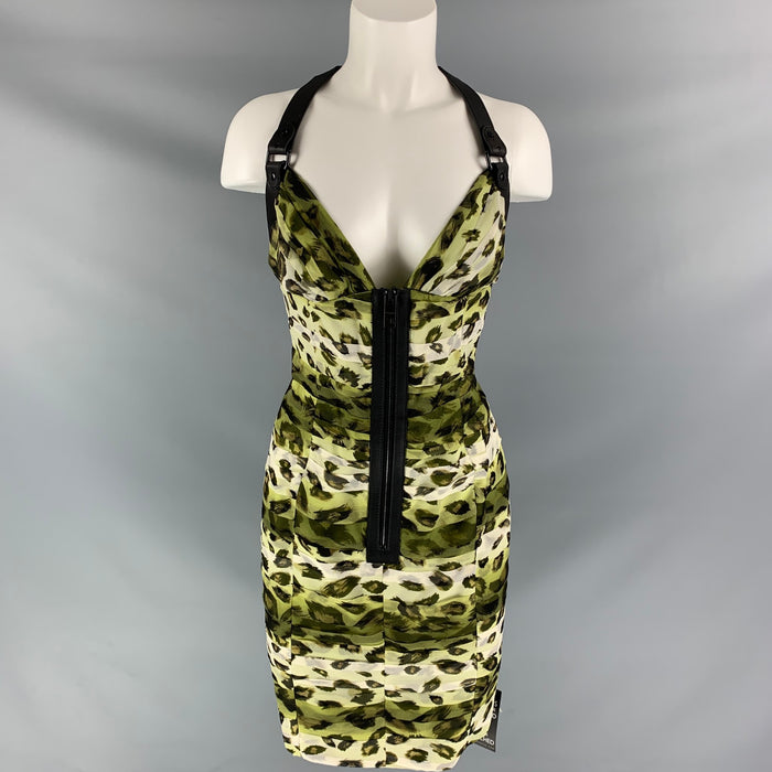 BURBERRY PRORSUM Spring 2011 Size 10 Green Black Silk Camouflage Leather Knee-Length Dress