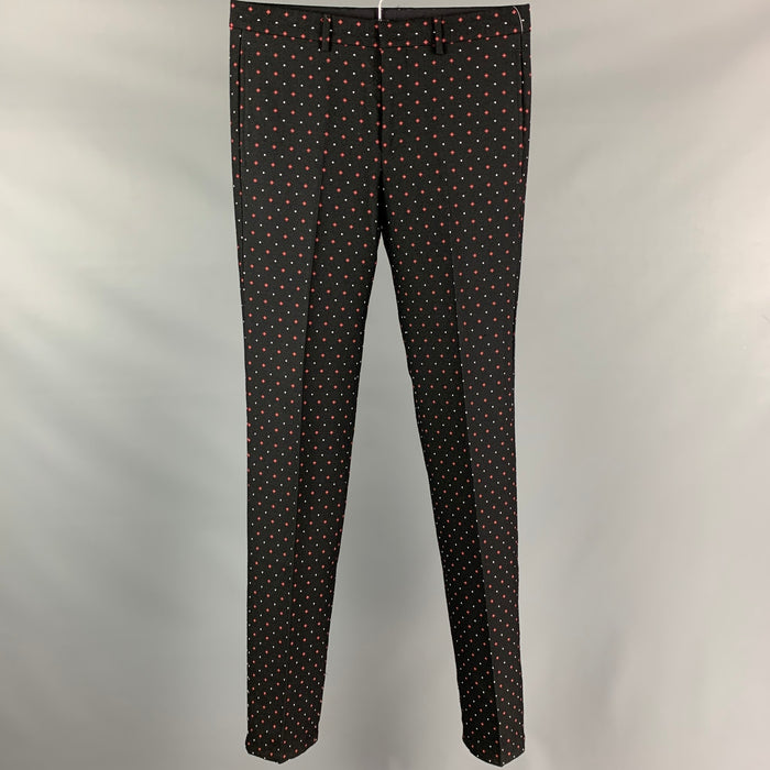 GIVENCHY Size 32 Black & Red Rhombus Print Wool / Polyester Zip Fly Dress Pants