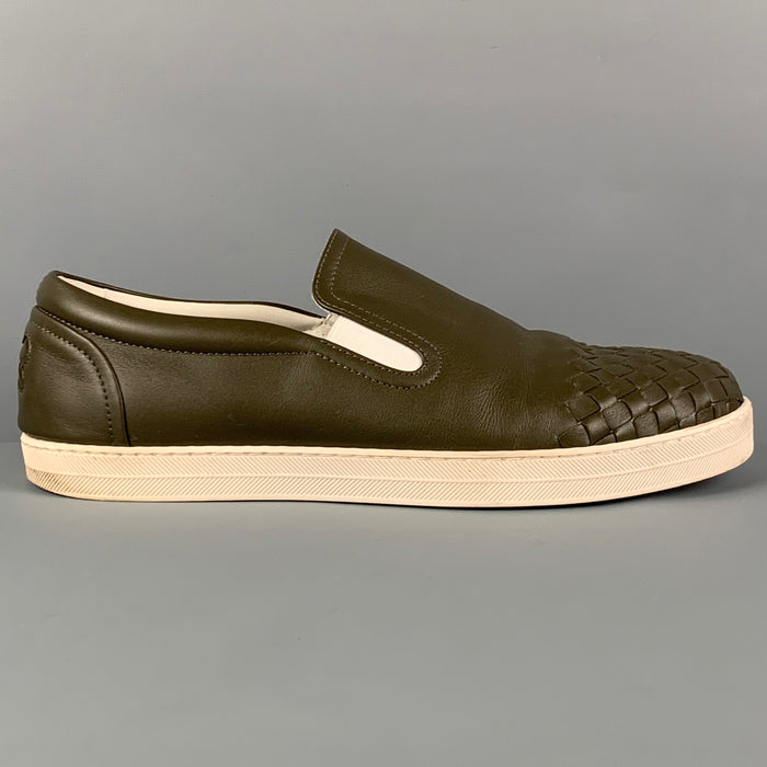 BOTTEGA VENETA Size 7.5 Olive White Woven Leather Slip On Sneakers