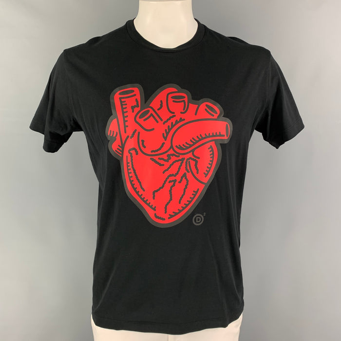DSQUARED2 Size L Black Red Hearts Cotton Crew-Neck T-shirt