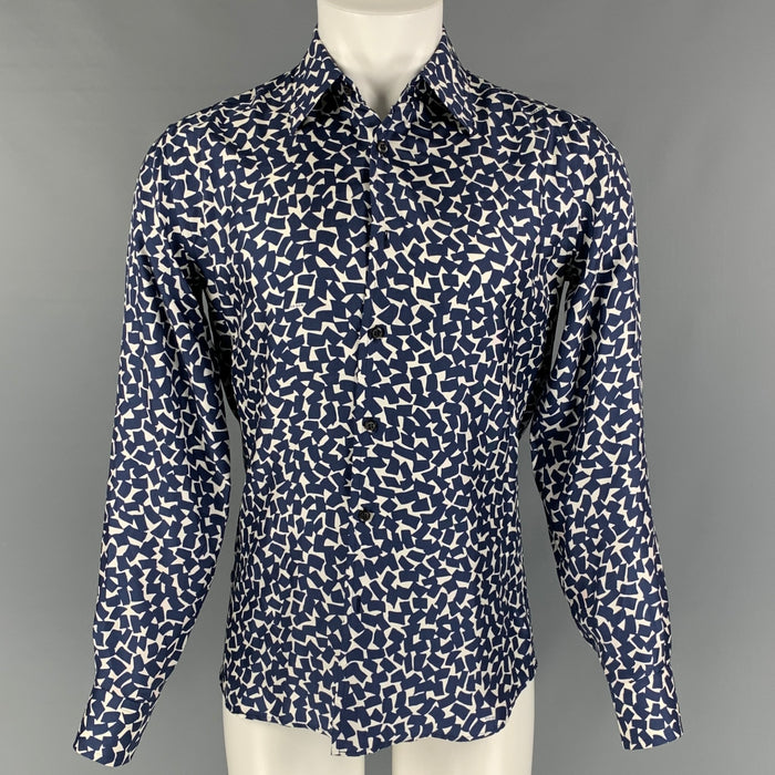 PRADA Size M Navy White Abstract Silk Long Sleeve Shirt