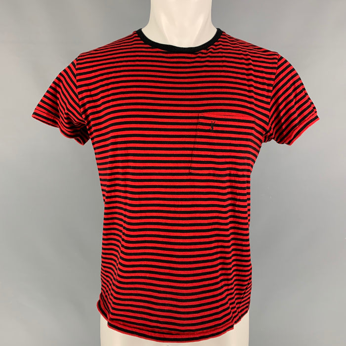 SAINT LAURENT Size M Red Navy Stripe Cotton Short Sleeve T-shirt