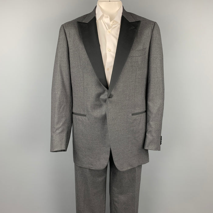 ISAIA Long Size 48 Charcoal & Black Two Toned Wool / Silk Peak Lapel Tuxedo Suit