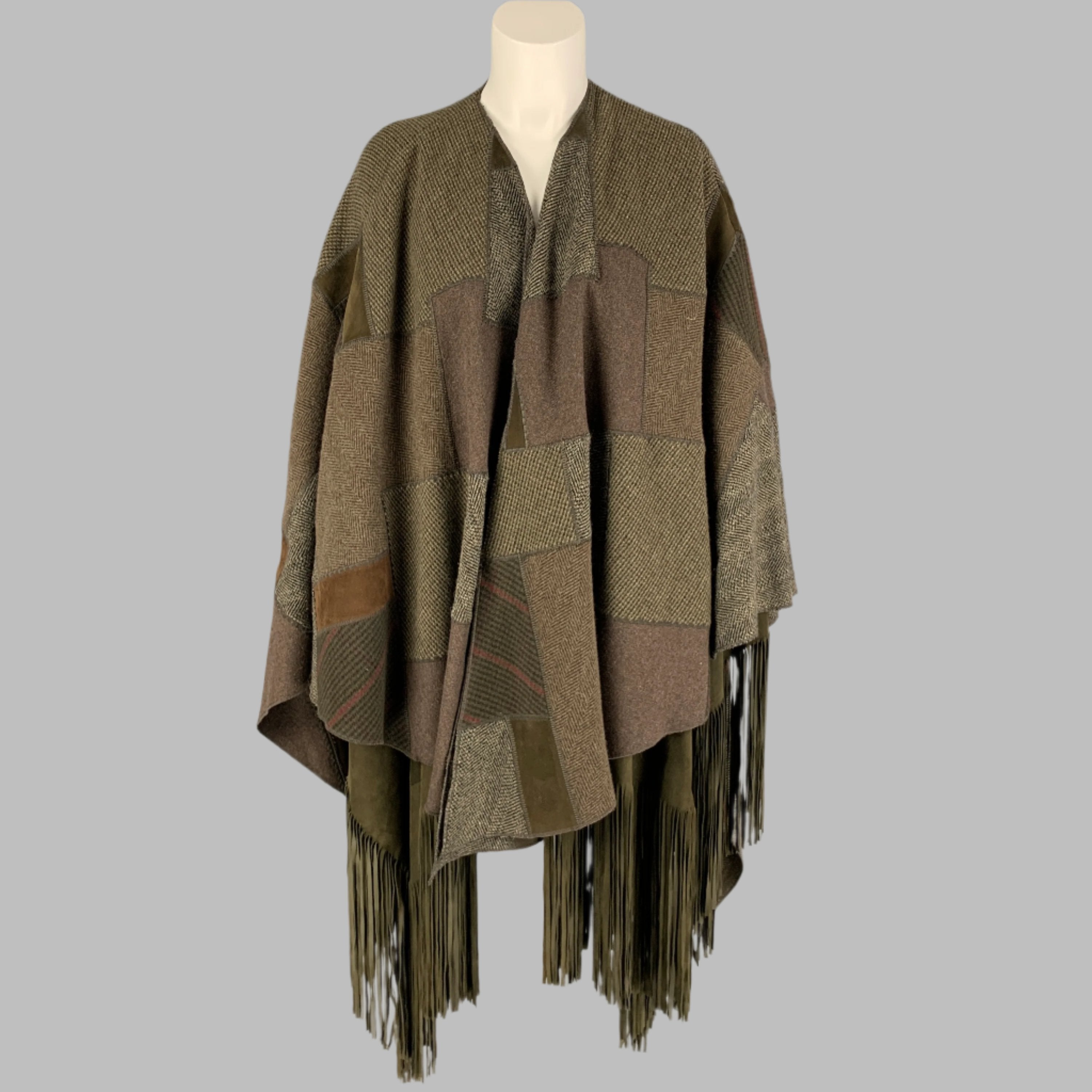 RALPH LAUREN 2016 Carlotta Olive Brown Wool Suede Fringe Patchwork Poncho