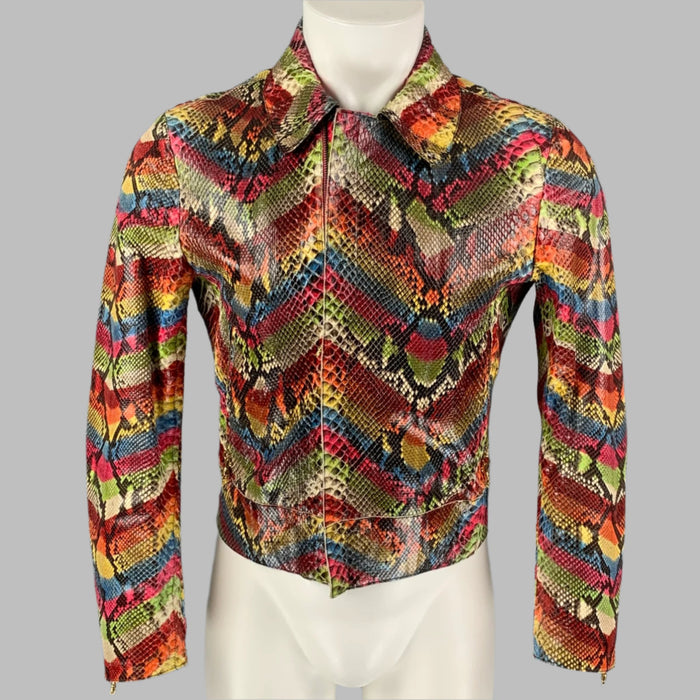ROBERTO CAVALLI Size S Multi-Color Chevron Phyton Skin Hidden Zipper Jacket