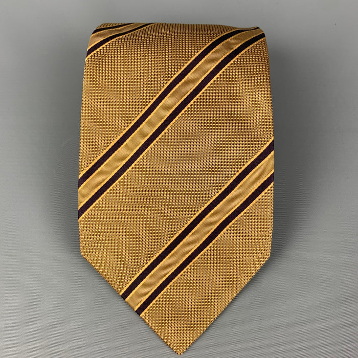 BRIONI Gold Black Diagonal Stripe Silk Tie