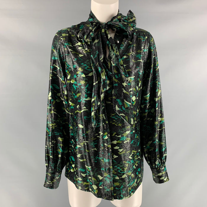 MARC JACOBS Size 4 Black & Green Silk & Nylon Camouflage Bow Shirt