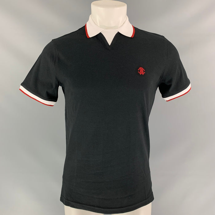 ROBERTO CAVALLI Size M Black White & Red Cotton & Elastane Short Sleeve Polo