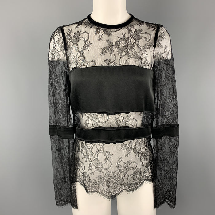 EMANUEL UNGARO Size 2 Black Lace Satin Stripe Panel Blouse