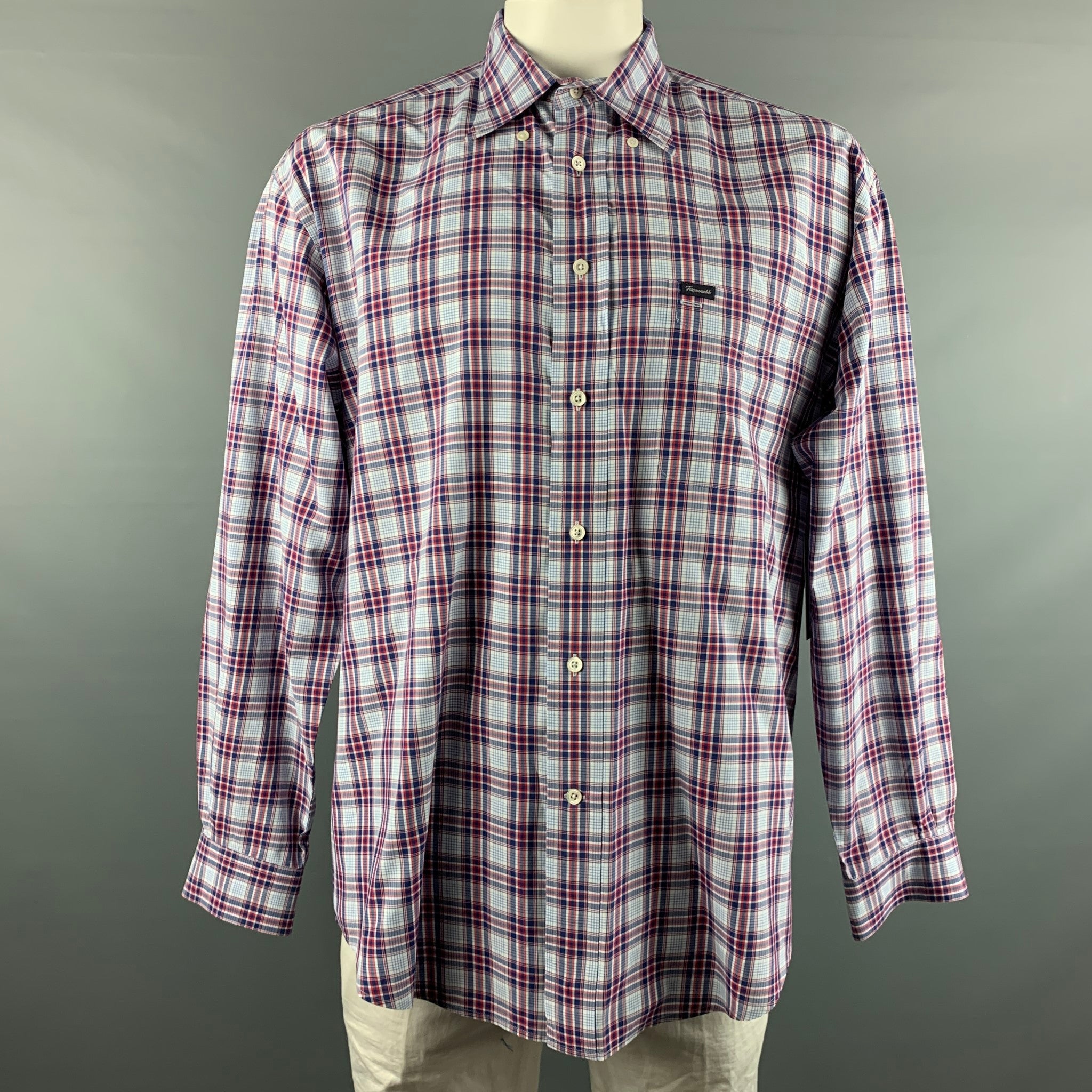 FACONNABLE Size XL White Blue & Red Checkered Cotton Long Sleeve Shirt FACONNABLE Size XL White Blue & Red Checkered Cotton Long Sleeve Shirt