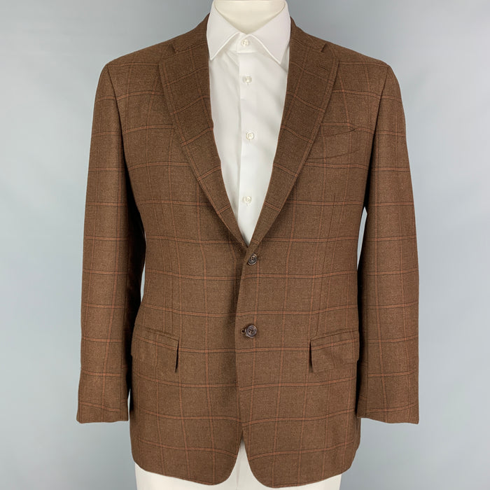 KITON Size 44 Brown Orange Window Pane Cashmere Notch Lapel Sport Coat