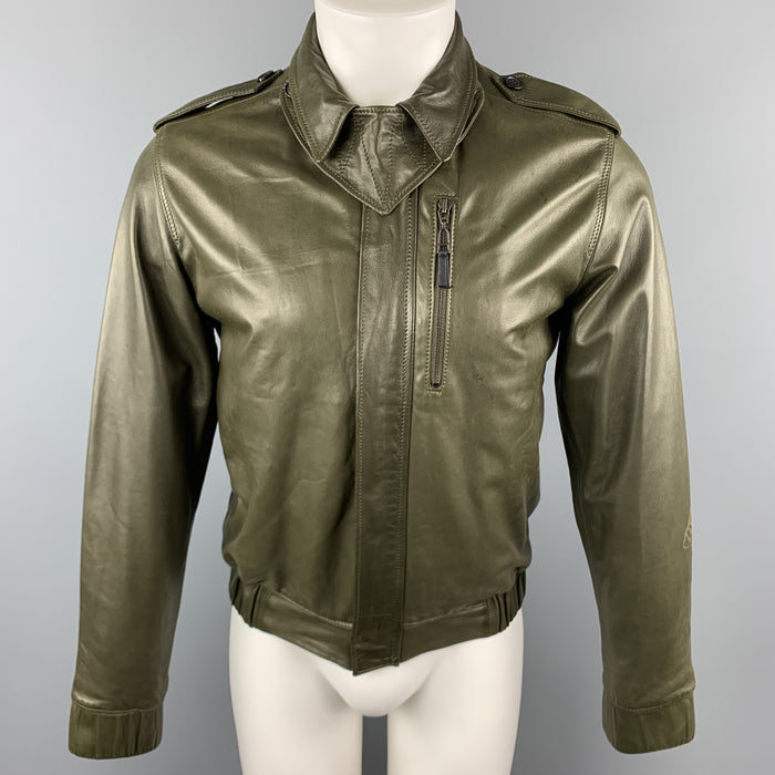 KRIS VAN ASSCHE Size S Olive Leather Pleated Zip Up Jacket