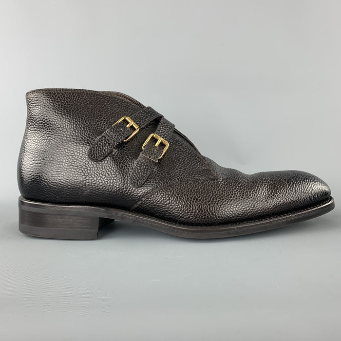 TOM FORD Size 10.5 Dark Brown Pebbled Grain Leather Double Strap Ankle Boots