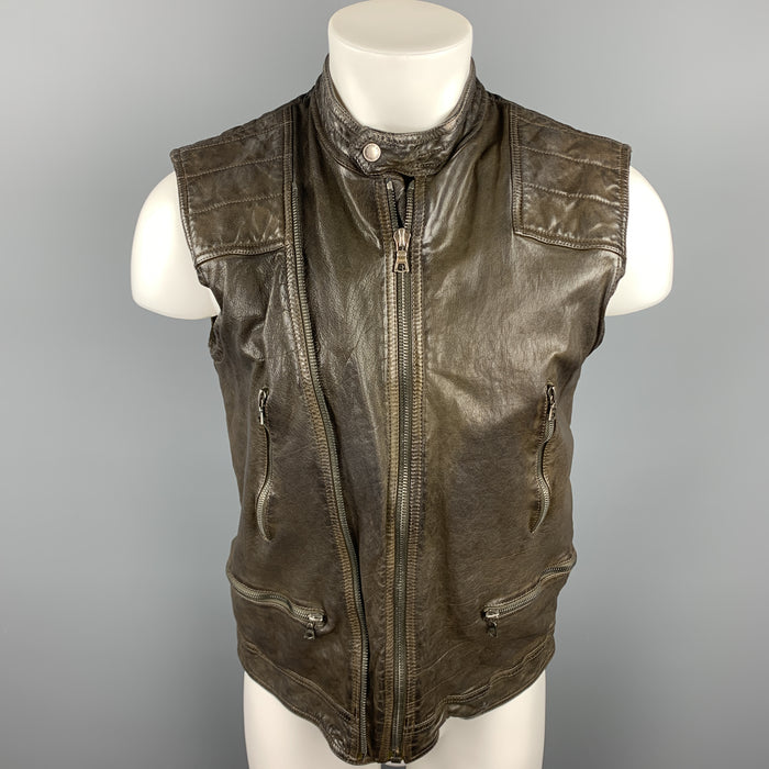 NEIL BARRETT Size S Brown 'Military' Camo Lining Distressed Leather Vest
