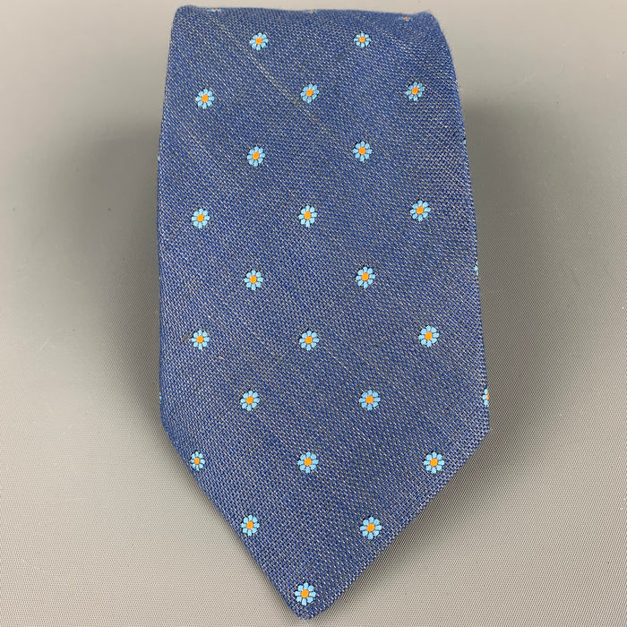 ERMENEGILDO ZEGNA Blue Floral Silk / Flax Tie