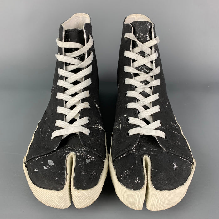 MAISON MARGIELA Size 10 Black Silver Painted Canvas High Top Tabi Sneakers