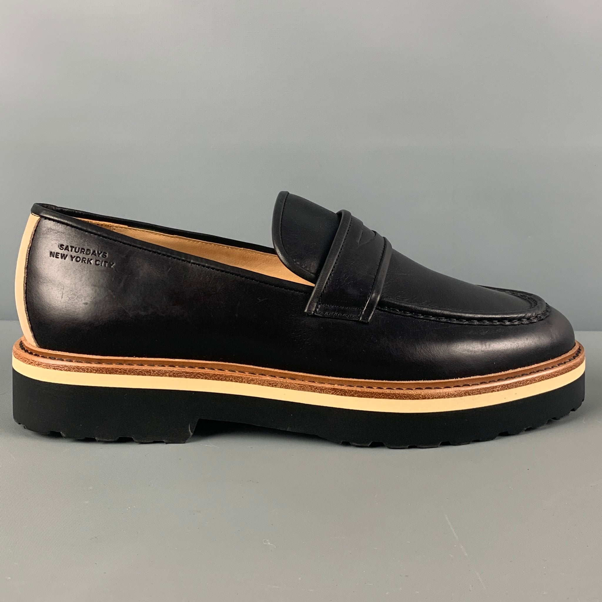 SATURDAYS NYC Size 10.5 Black Tan Color Block Leather Chuncky Heel Loafers