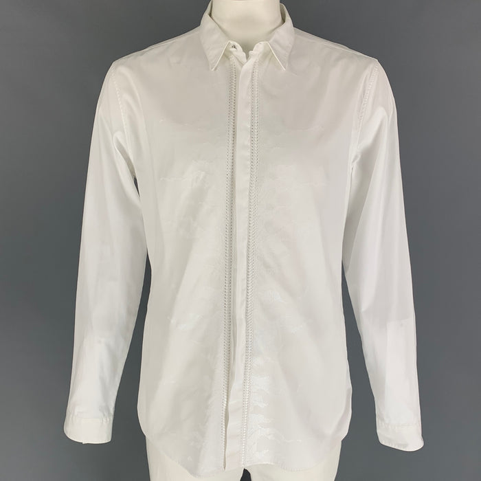 ROBERTO CAVALLI Size L White Embroidery Cotton Hidden Placket Long Sleeve Shirt