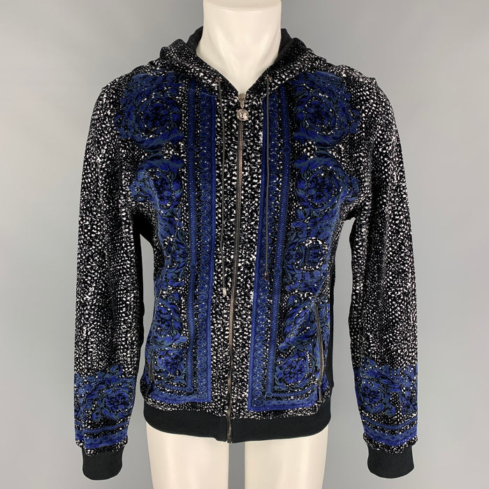 VERSACE Size L Black & White Velvet Cotton / Polyamide Hooded Cardigan