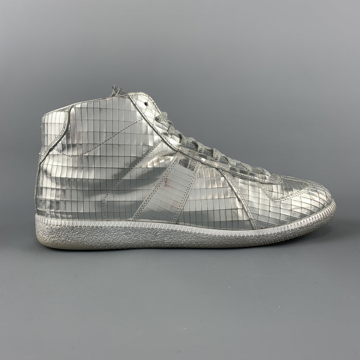MAISON MARGIELA Size 10 Silver Metallic Leather Disco Ball High Top Sneakers